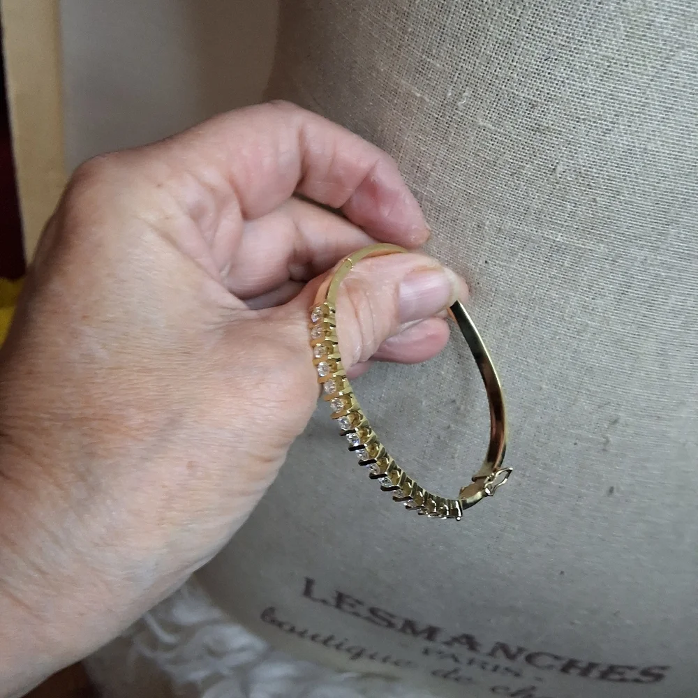 Vintage Gold Tone Hinged Bangle Bracelet Channel Set Clear CZ Stones - Picture 6 of 12